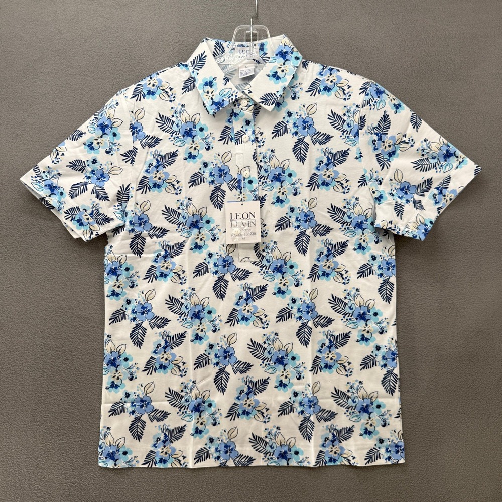 Leon Levin Polo Shirt Womens Medium White Blue Floral Cotton Short Sleeve